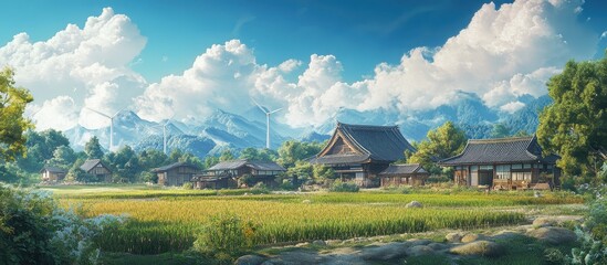 Fototapeta premium Traditional Japanese Village with Lush Greenery and Majestic Mountains Under a Clear Blue Sky
