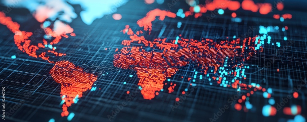 Poster a vibrant digital map highlighting asia with red and blue data points, indicating a tech-oriented vi