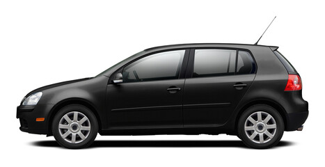 Modern European car with a side view, hatchback body, all black. In png format on a transparent background.