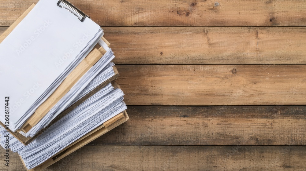 Poster a stack of blank notepads rests on a rustic wooden surface, showcasing a simple yet organized worksp