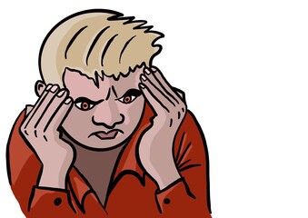 Sad young man with hands on head, headache illustration
