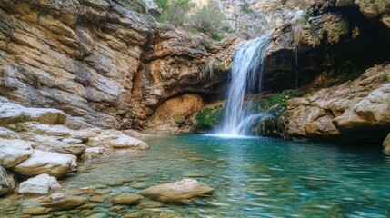 Waterfall cascading into turquoise pool, rocky canyon, sunlight