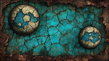 Fototapeta premium Abstract Teal Crackled Texture Two Spheres. AI Generated