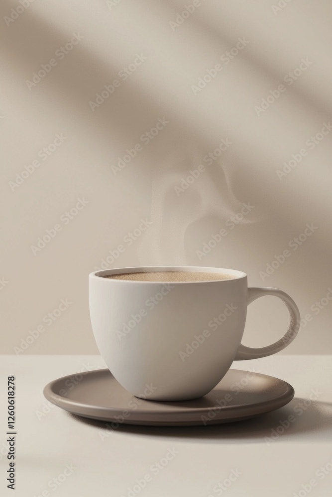 Poster A steaming cup of coffee rests on a simple saucer, exuding warmth and comfort. The soft shadows and neutral backdrop create an inviting atmosphere perfect for relaxation and reflection