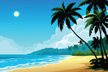 Create a vibrant vector illustration of a serene tropical beach scene, featuring lush palm trees, turquoise water, and soft white sand.