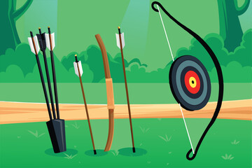 Create a vibrant vector illustration of archery equipment bow, arrows, quiver, target, and scorecard.  Show various arrow types and target styles.