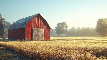 Serene morning at a rustic red barn surrounded by golden wheat fields and trees