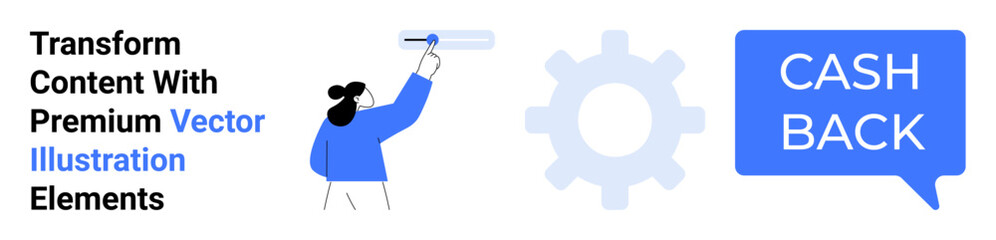 Person applying paintbrush on graphical interface. Gear icon and speech bubble highlighting Cash Back. Ideal for design, digital tools, rewards, e-commerce, services, user experience, flat landing