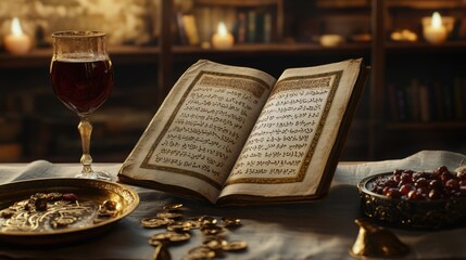Fototapeta premium Ancient Arabic Text with Gold Coins, Wine, and Pomegranates