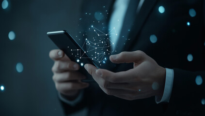 Entrepreneur using mobile device while little sparks coming out of it technology concept.