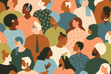 Crowd of young and elderly men and women in trendy hipster clothes. Diverse group of stylish people standing together. Society or population, social diversity.