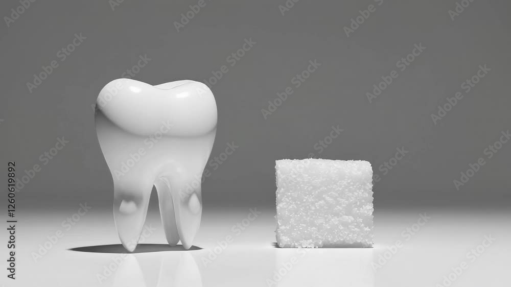 Aufkleber White tooth and sugar cube stand on a reflective gray surface, creating a simple yet impactful visualization of dental health and sugar consumption