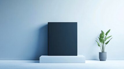 A minimalistic scene featuring a black square object on a white pedestal against a light wall, accompanied by a green potted plant.