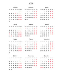 2028 calendar minimalist on Italian language with italian holidays. Week start on Monday.	