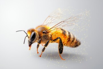 Intricate Close-Up of a Honey Bee with Digital Effects and Glowing Particles on a Minimal Background