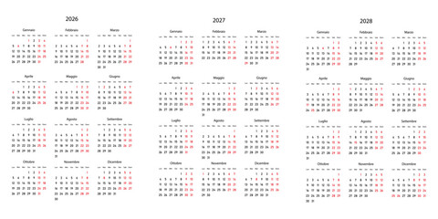 2026, 2027, 2028 calendar minimalist on Italian language with italian holidays. Week start on Monday.	