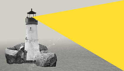 Surreal lighthouse on rocks digital collage