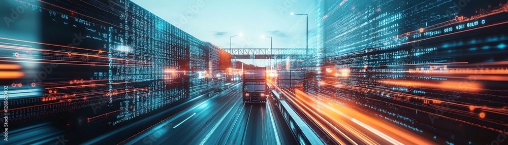 Poster a 3d visualization of intermodal logistics, showing data overlays and seamless connectivity between 