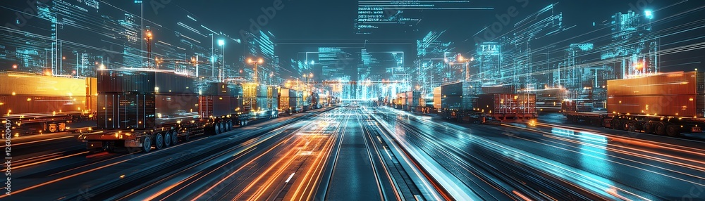 Poster a 3d visualization of intermodal logistics, showing data overlays and seamless connectivity between 