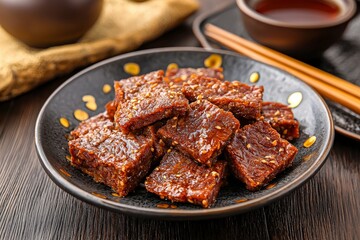 Delicious Sweet and Savory Snack with Sesame Seeds on a Black Plate with Tea and Chopsticks