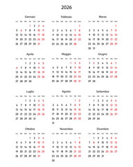 2026 calendar minimalist on Italian language with italian holidays. Week start on Monday.	