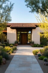 Elegant home entrance with pathway amid desert garden; for real estate marketing