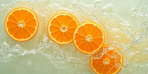 An orange fruit submerged in water, creating a vibrant splash background, juicy, natural, healthy