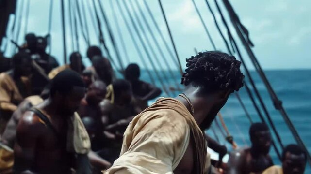 This powerful depiction explores the harrowing journey of African slaves on ships destined for America during the 19th century, showcasing their immense struggles and suffering