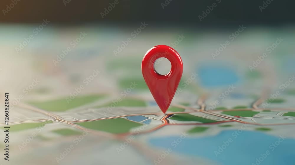Poster Red location pin standing on an online map, indicating a specific point of interest, useful for navigation and travel planning, rendered in slow motion
