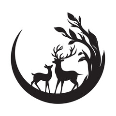 Deer and birds sharing space Silhouette Vector Illustration, Solid White Background.