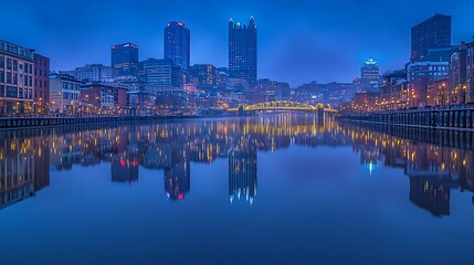 Fototapeta premium Cityscape dawn reflection, river, buildings, lights