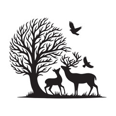 Deer and birds sharing space Silhouette Vector Illustration, Solid White Background.