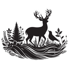 Deer and birds sharing space Silhouette Vector Illustration, Solid White Background.