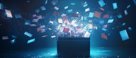 A digital representation of a suggestion box overflowing with ideas in the form of holographic cards, futuristic and sleek design