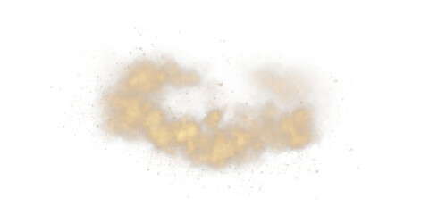 Fantastic golden smoke background. Golden spice powder explosion, spice splash, Magic smoke with glitter and small particles, fog with glowing particles, golden steam. PNG.

