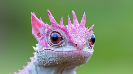 Fototapeta premium Pink lizard portrait, forest background, nature photography, wildlife stock