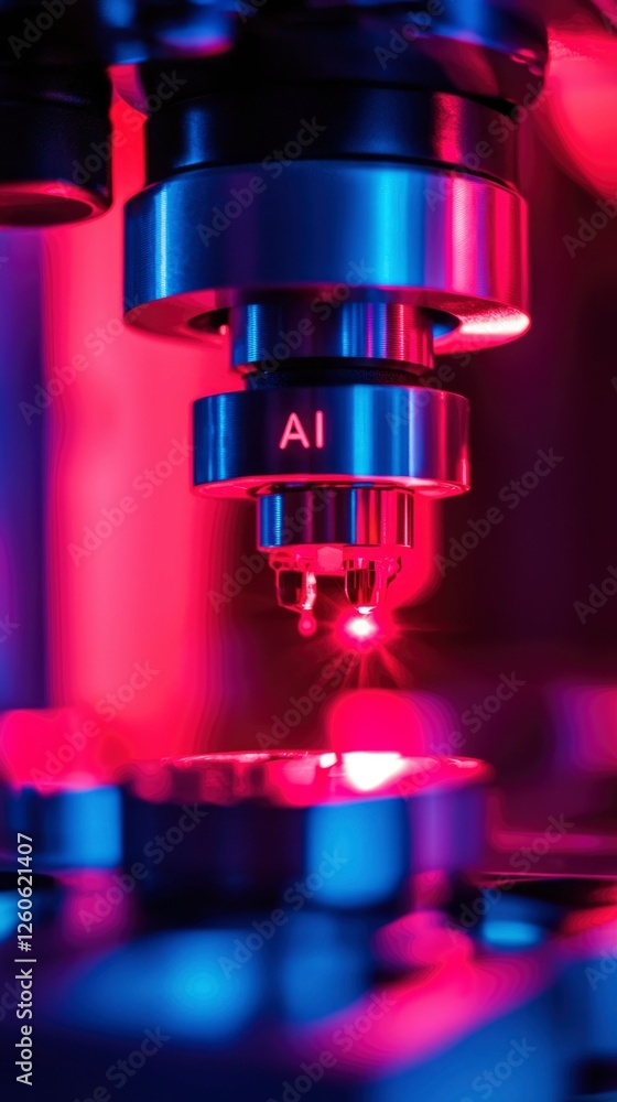 Poster scientific microscope analyzing sample with laser. background in a lab setting.