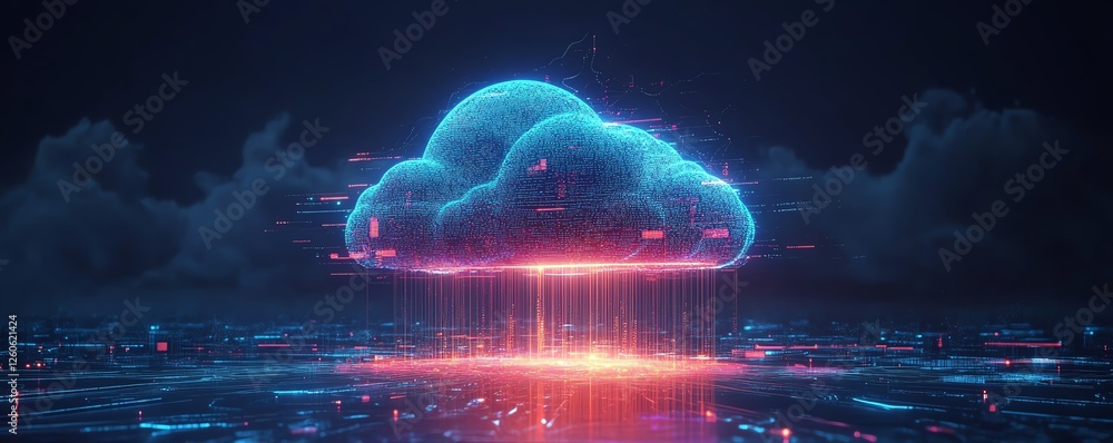 Poster a futuristic interface showing data transfer from local servers to the cloud, glowing data streams, 
