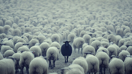 Obraz premium a single black sheep in white sheep