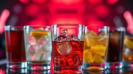 Composition with five glasses of drinks