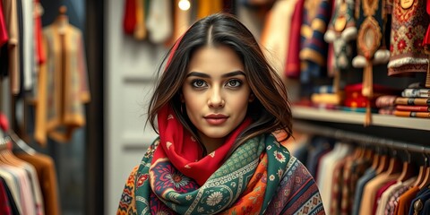 Obraz premium A stylish young middle eastern woman with a colorful scarf poses in a trendy boutique, exuding beauty and creativity, portrait, creativity, boutique