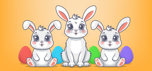 Vector cute cartoon family of beautiful bunnies. Colored eggs. Happy Easter. Orange background. Nice three rabbits. Little hare babies and mother bunny. Toon domestic cuddly animals