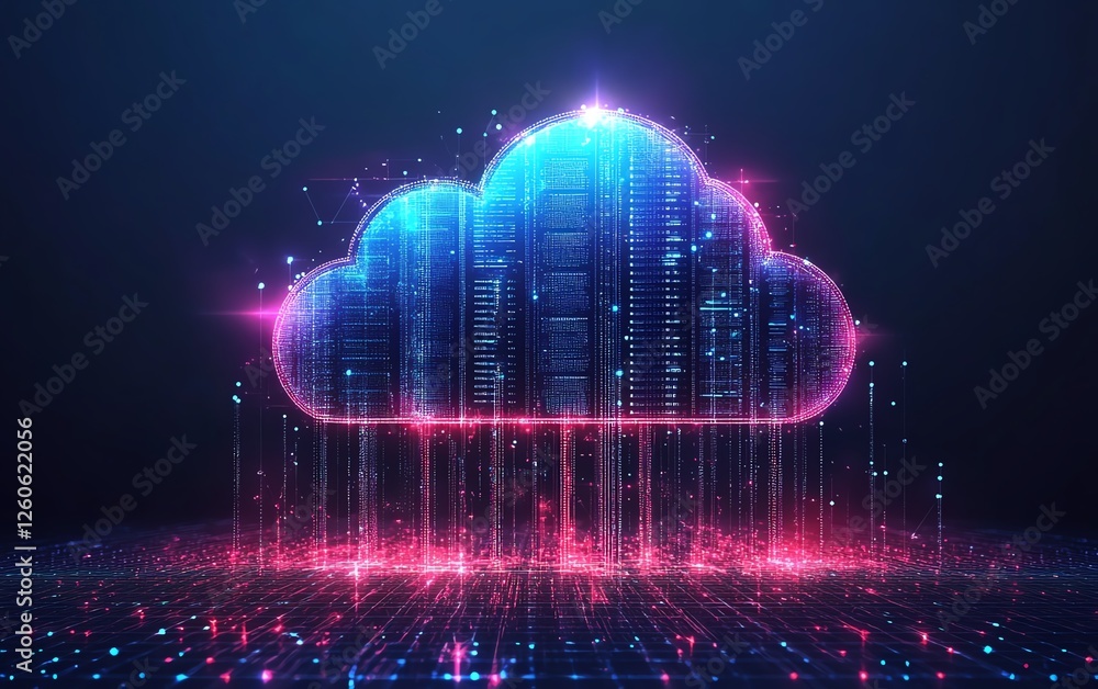 Poster a virtual network of connected servers and cloud systems, flowing data and glowing digital nodes, re