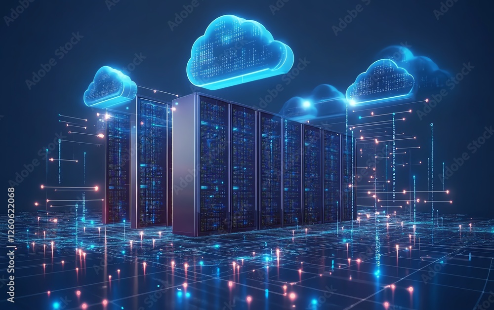 Poster a virtual network of connected servers and cloud systems, flowing data and glowing digital nodes, re