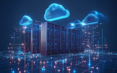 A virtual network of connected servers and cloud systems, flowing data and glowing digital nodes, representing advanced storage and cloud services