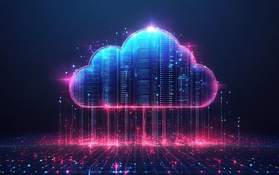 A virtual network of connected servers and cloud systems, flowing data and glowing digital nodes, representing advanced storage and cloud services