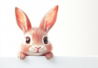 Easter concept: A cute little bunny peeking over the edge of an empty white surface, with big eyes and long ears, in soft pastel colors, isolated on a white background, high in detail