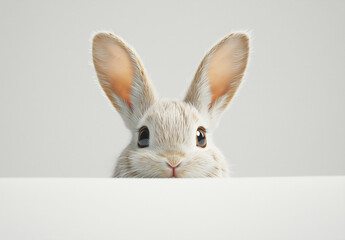 Obraz premium Easter concept: A cute little bunny peeking over the edge of an empty white surface, with big eyes and long ears, in soft pastel colors, isolated on a white background, high in detail