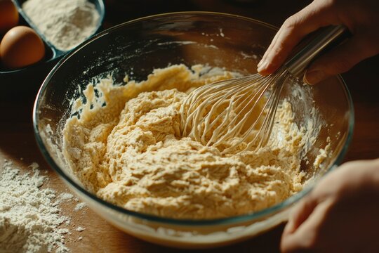 Close-up Whisk mixing dough in bowl on table with flour & eggs nearby. Lifestyle