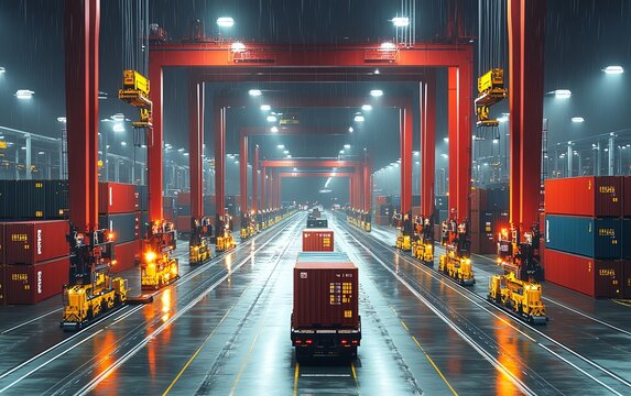 Advanced intermodal terminal with robotics handling containers, efficient cargo movement, and a smart logistics system, ultradetailed visuals